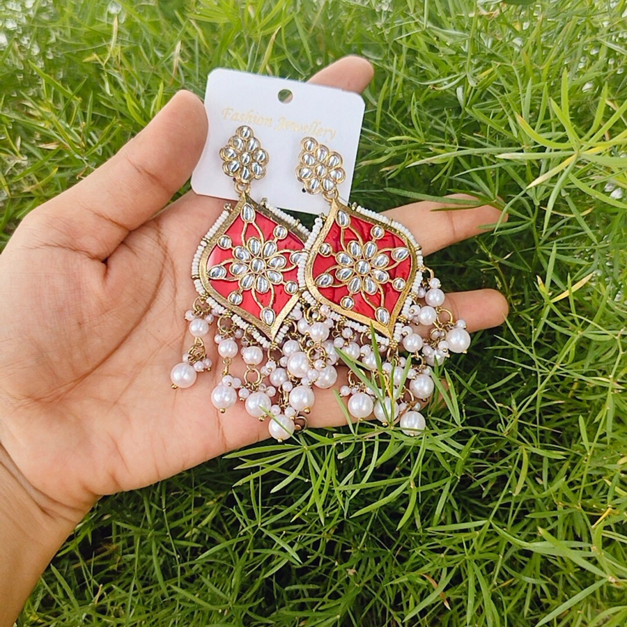 Red kundan pearl earrings