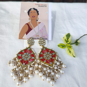 Red kundan pearl earrings
