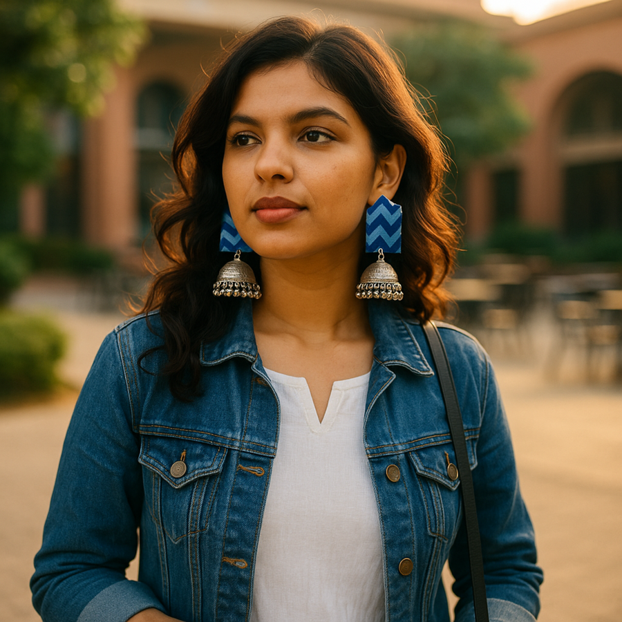 Blue zigzag jhumka earrings