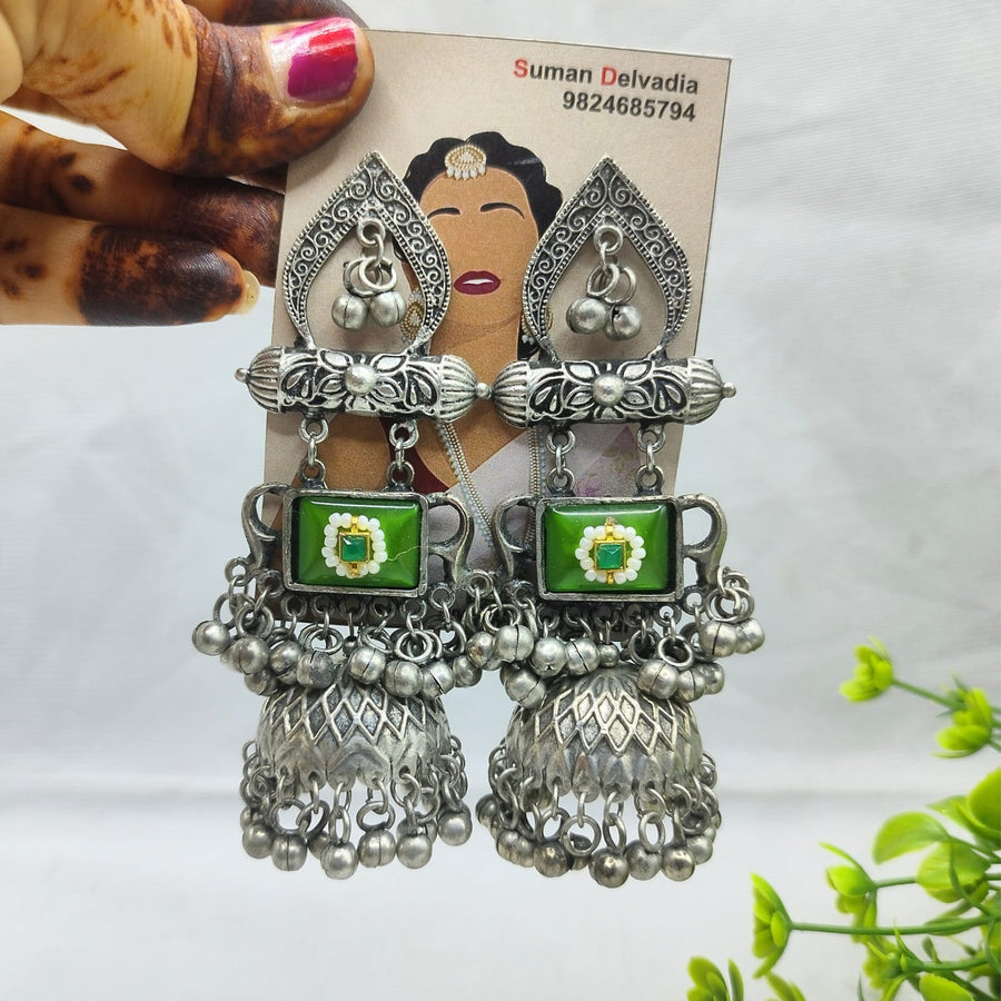 Green oxodise jhumka earrings