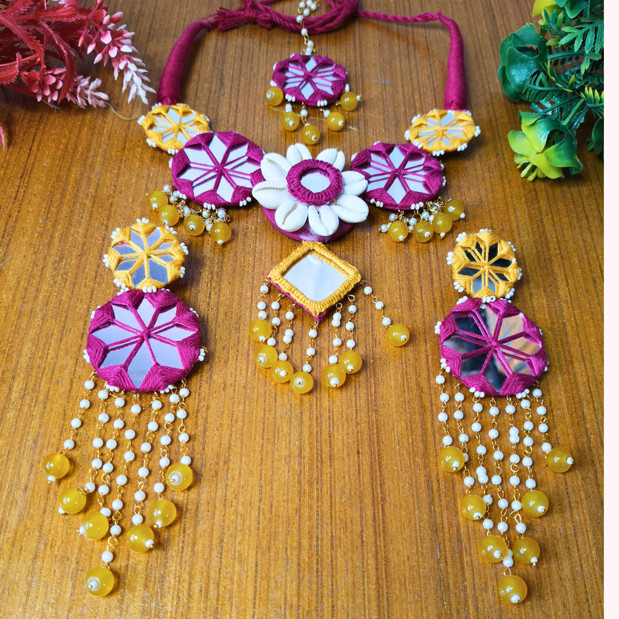 Pink and yellow mirror haldi jewellery