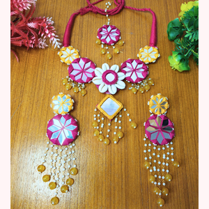 Pink and yellow mirror haldi jewellery